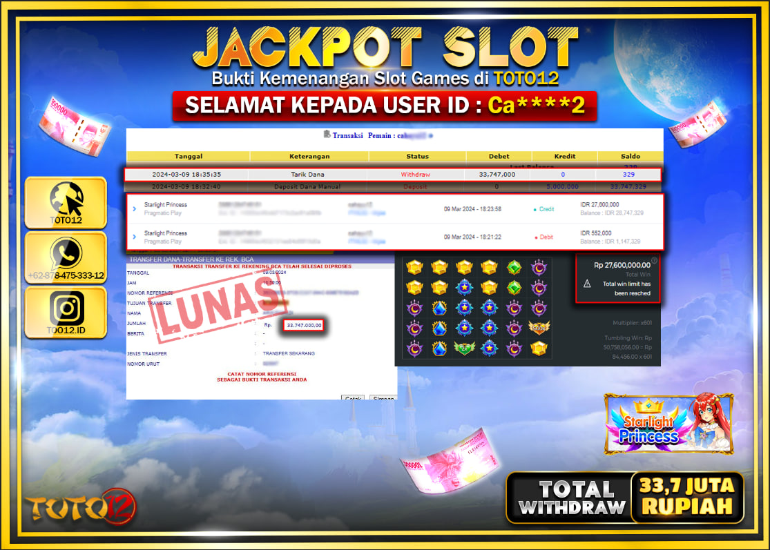 HANYA DI TOTO12 JP PASTI DI BAYAR LUNAS DAN CEPAT!!!!!! JACKPOT SLOT GAME ( STARLIGHT PRINCES ) Rp.33.700.000 !!!!!