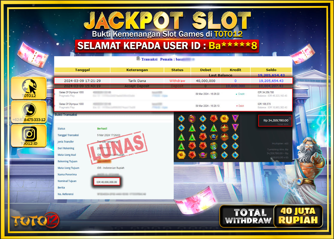 HANYA DI TOTO12 JP PASTI DI BAYAR LUNAS DAN CEPAT!!!!!! JACKPOT SLOT GAME { GATES OF OLYMPUS 1000 } Rp.40.000.000 !!!!!