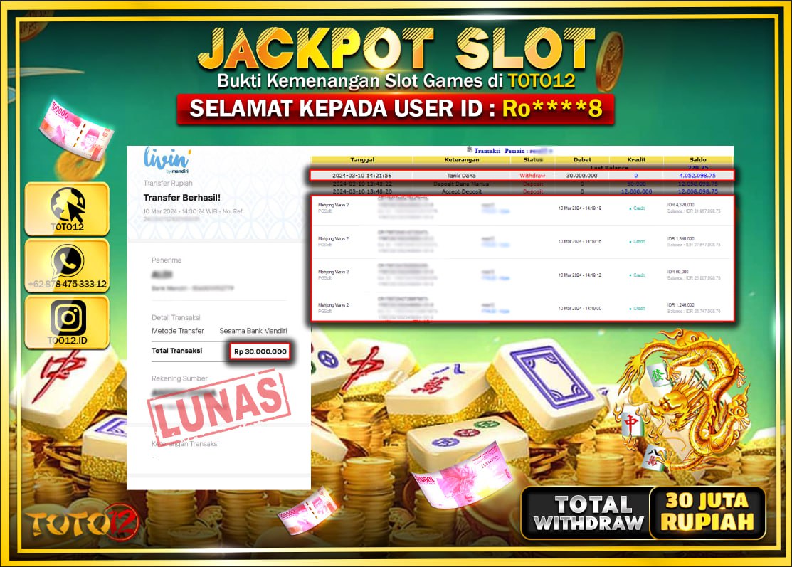 HANYA DI TOTO12 JP PASTI DI BAYAR LUNAS DAN CEPAT!!!!!! JACKPOT SLOT GAME { MAHJONG WAYS 2 } Rp.30.000.000 !!!!!