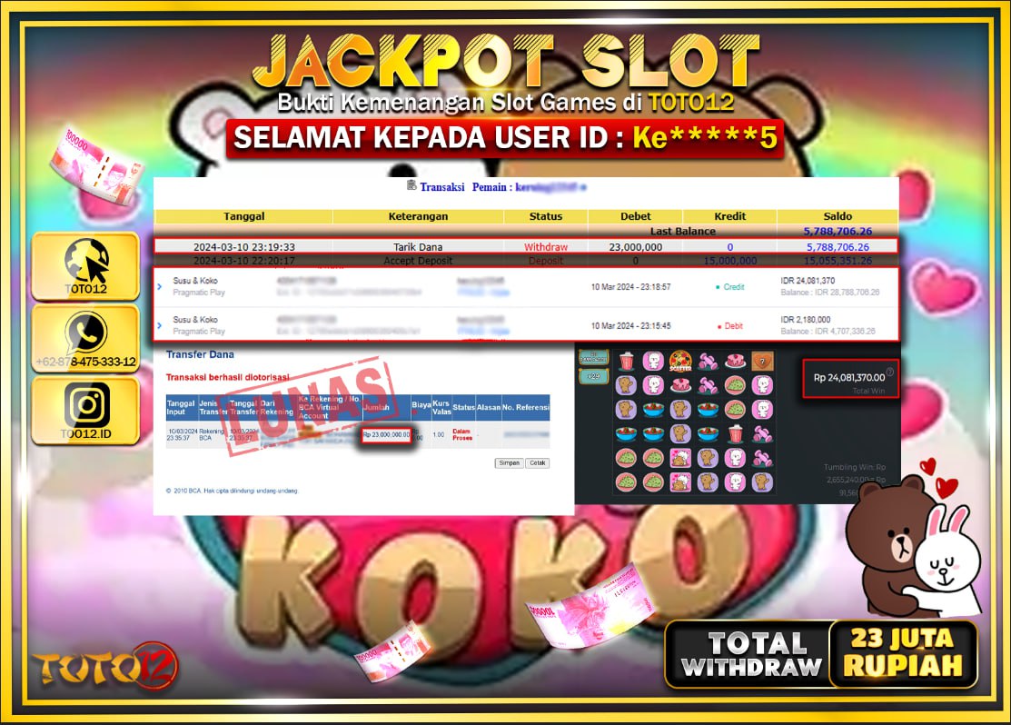 HANYA DI TOTO12 JP PASTI DI BAYAR LUNAS DAN CEPAT!!!!!! JACKPOT SLOT GAME { SUSU & KOKO } Rp.23.000.000 !!!!!
