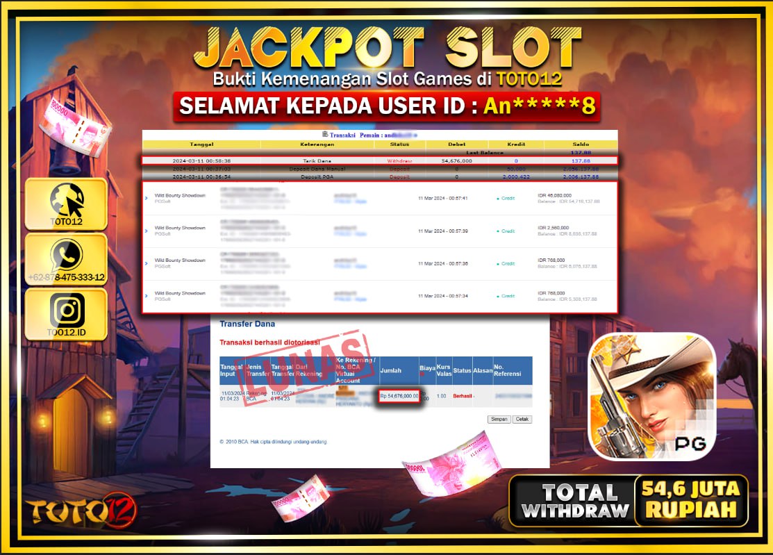 HANYA DI TOTO12 JP PASTI DI BAYAR LUNAS DAN CEPAT!!!!!! JACKPOT SLOT GAME ( WILD BOUNTY SHOWDOWN ) Rp.54.600.000 !!!!!
