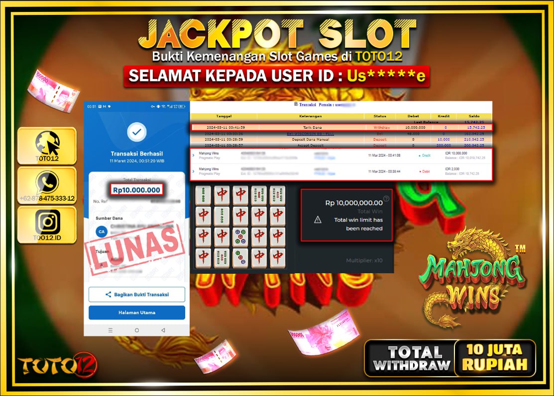HANYA DI TOTO12 JP PASTI DI BAYAR LUNAS DAN CEPAT!!!!!! JACKPOT SLOT GAME ( MAHJONG WINS ) Rp.10.000.000 !!!!!