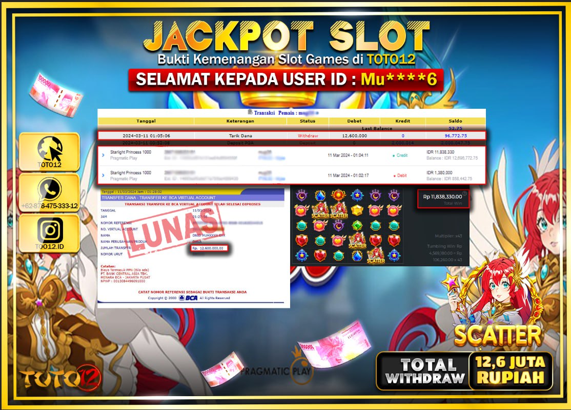HANYA DI TOTO12 JP PASTI DI BAYAR LUNAS DAN CEPAT!!!!!! JACKPOT SLOT GAME ( STARLIGHT PRINCES 1000 ) Rp.12.600.000 !!!!!