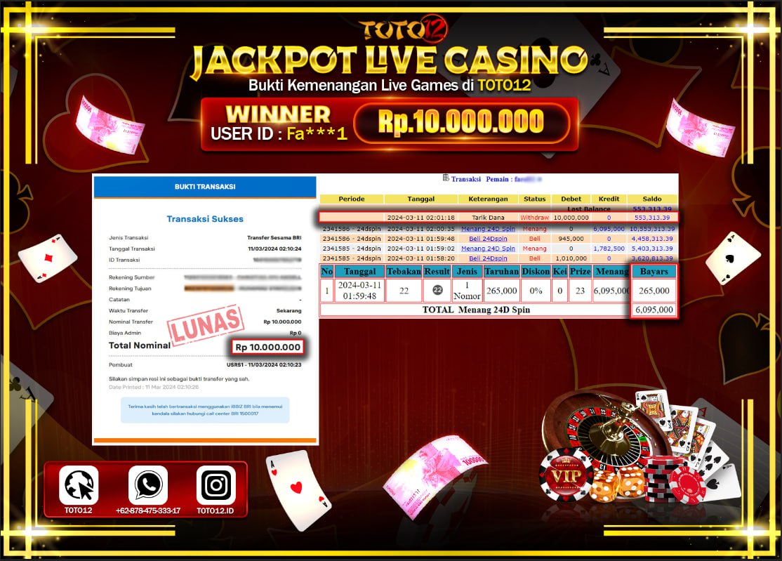 HANYA DI TOTO12 JP PASTI DI BAYAR LUNAS DAN CEPAT!!!!!! JACKPOT LIVE CASINO GAME { 24 D SPIN } Rp.10.000.000 !!!!!