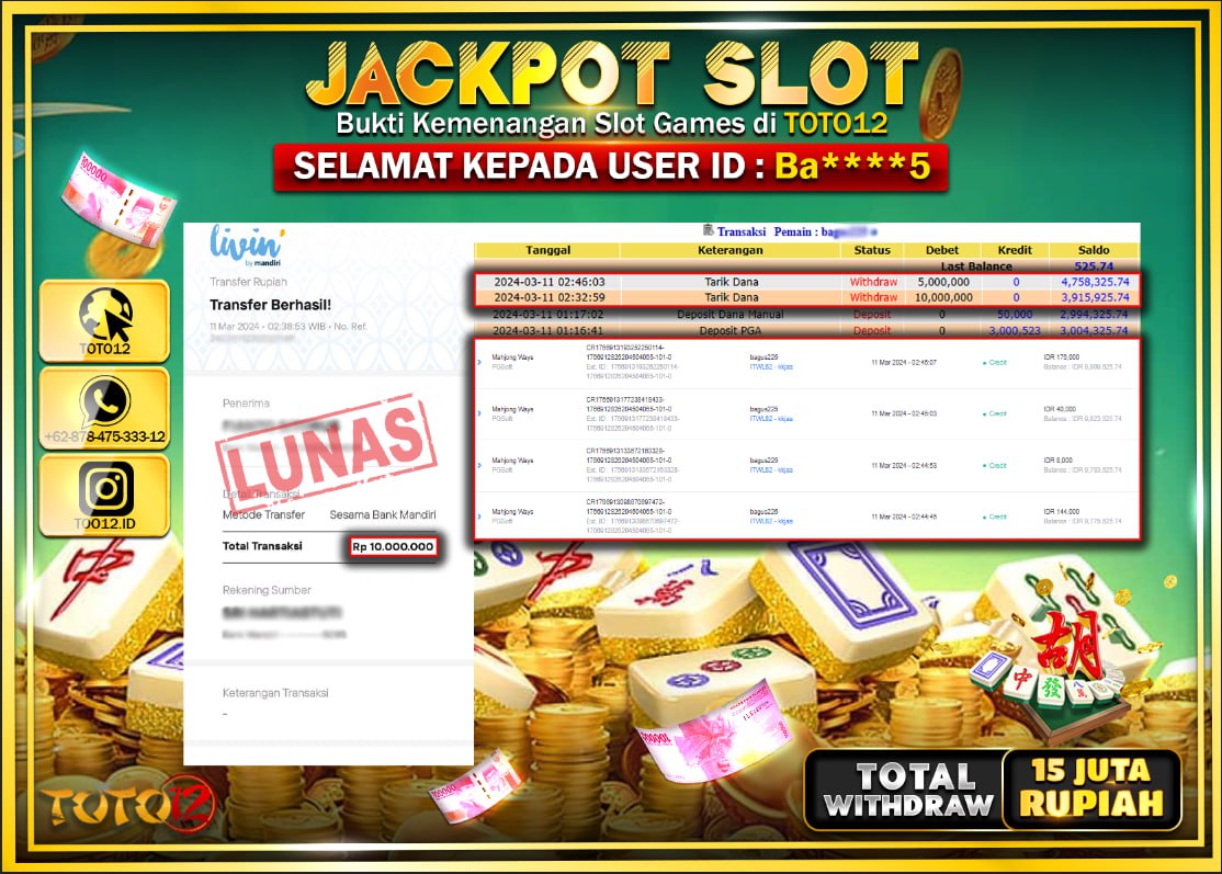HANYA DI TOTO12 JP PASTI DI BAYAR LUNAS DAN CEPAT!!!!!! JACKPOT SLOT GAME { MAHJONG WAYS } Rp.15.000.000 !!!!!