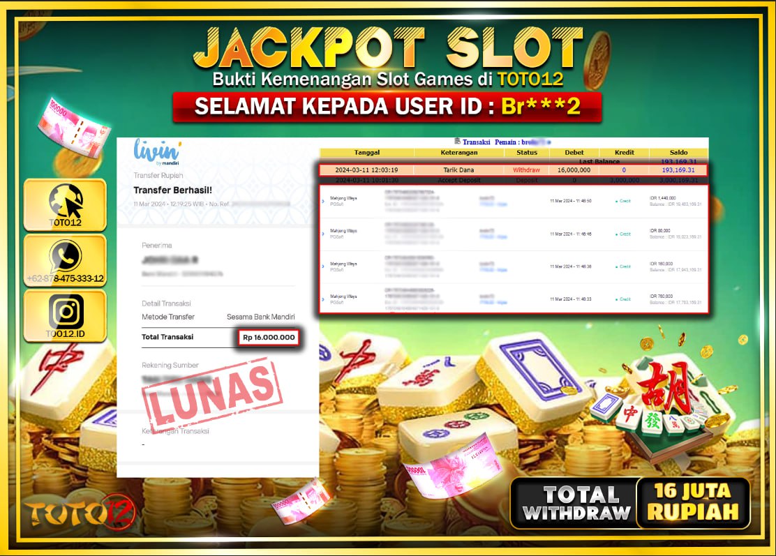HANYA DI TOTO12 JP PASTI DI BAYAR LUNAS DAN CEPAT!!!!!! JACKPOT SLOT GAME { MAHJONG WAYS 2 } Rp.16.000.000 !!!!!