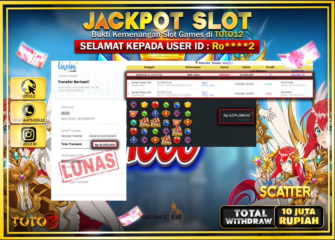 HANYA DI TOTO12 JP PASTI DI BAYAR LUNAS DAN CEPAT!!!!!! JACKPOT SLOT GAME ( STARLIGHT PRINCES 1000 ) Rp.10.000.000 !!!!!