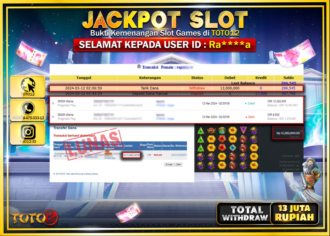 HANYA DI TOTO12 JP PASTI DI BAYAR LUNAS DAN CEPAT!!!!!! JACKPOT SLOT GAME { 5000X MANIA } Rp.13.000.000 !!!!!