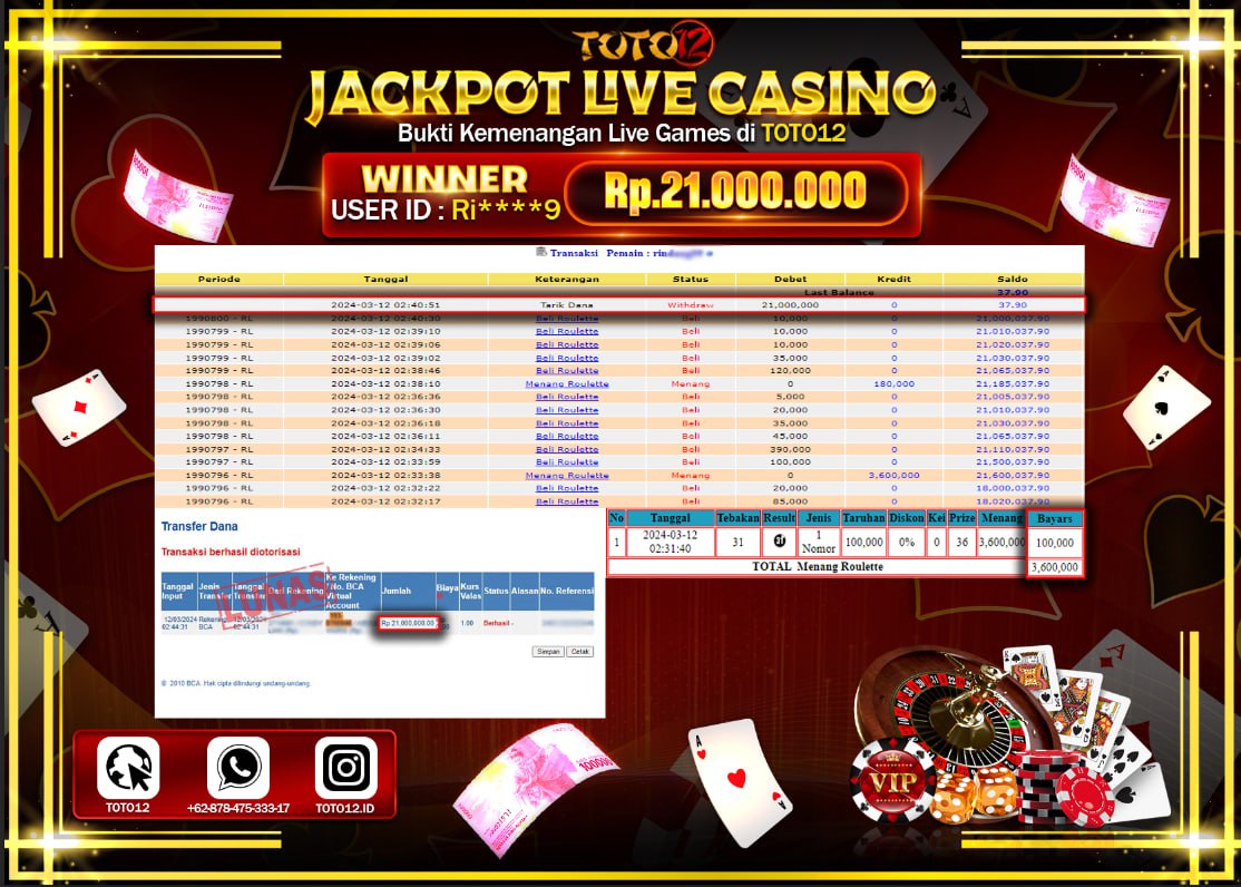 HANYA DI TOTO12 JP PASTI DI BAYAR LUNAS DAN CEPAT!!!!!! JACKPOT LIVE CASINO GAME { ROULETTE } Rp.21.000.000 !!!!!