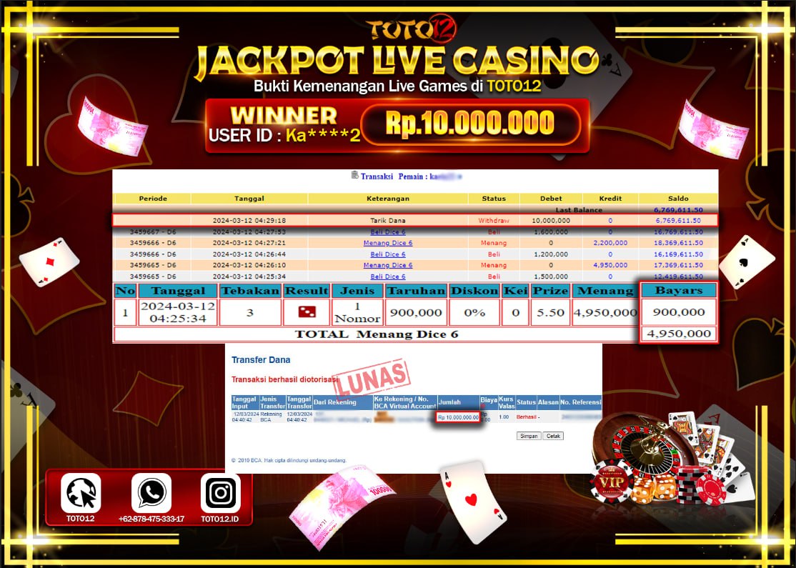 HANYA DI TOTO12 JP PASTI DI BAYAR LUNAS DAN CEPAT!!!!!! JACKPOT LIVE CASINO GAME { DICE 6 } Rp.10.000.000 !!!!!