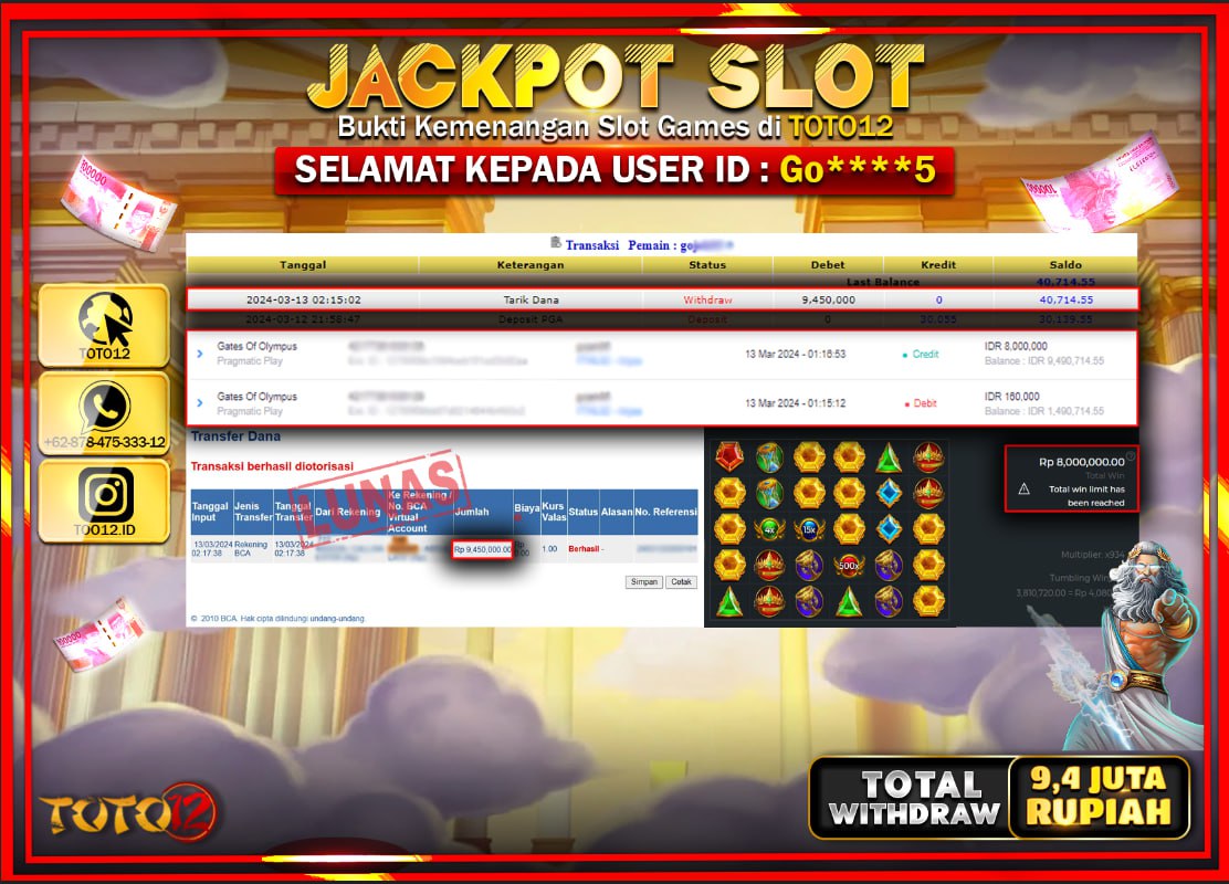 HANYA DI TOTO12 JP PASTI DI BAYAR LUNAS DAN CEPAT!!!!!! JACKPOT SLOT GAME { GATES OF OLYMPUS } Rp.9.400.000 !!!!!