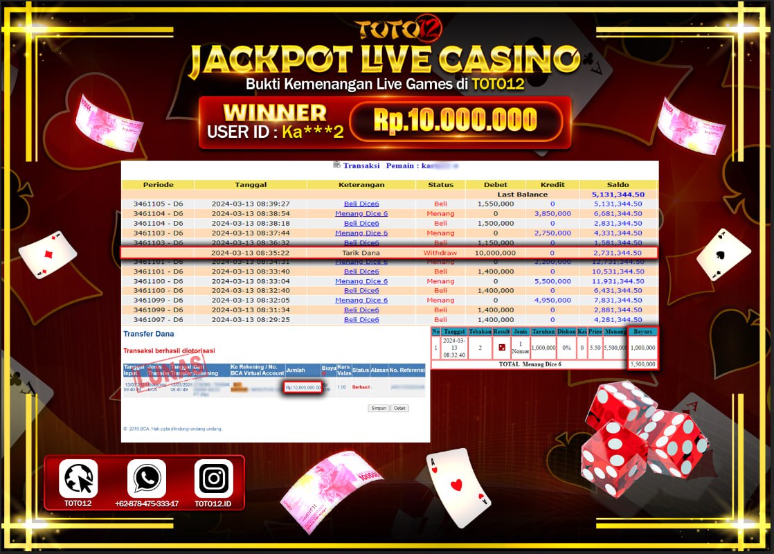 HANYA DI TOTO12 JP PASTI DI BAYAR LUNAS DAN CEPAT!!!!!! JACKPOT LIVE CASINO GAME { DICE 6 } Rp.10.000.000 !!!!!