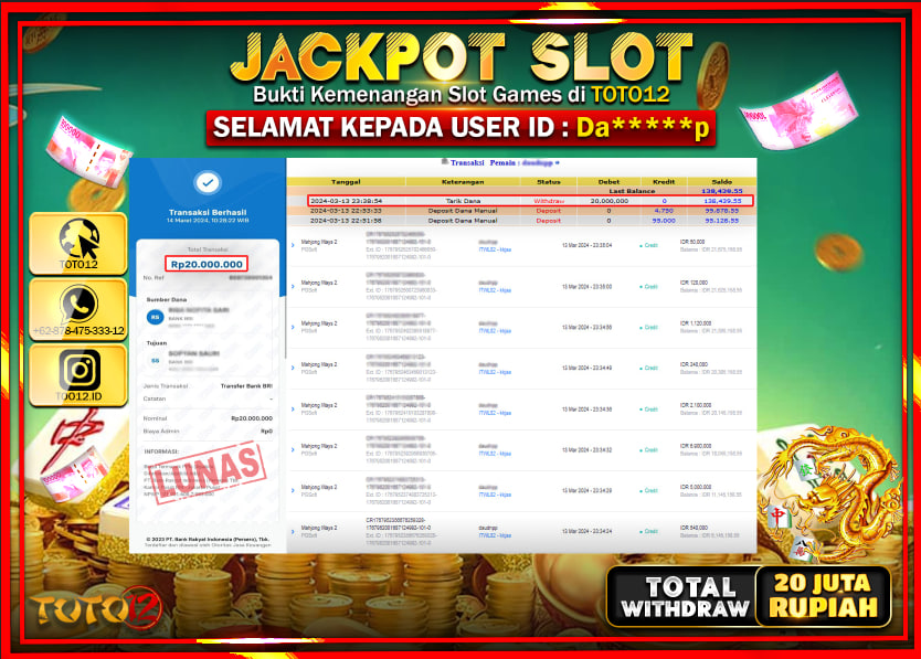 HANYA DI TOTO12 JP PASTI DI BAYAR LUNAS DAN CEPAT!!!!!! JACKPOT SLOT GAME { MAHJONG WAYS 2 } Rp.20.000.000 !!!!!