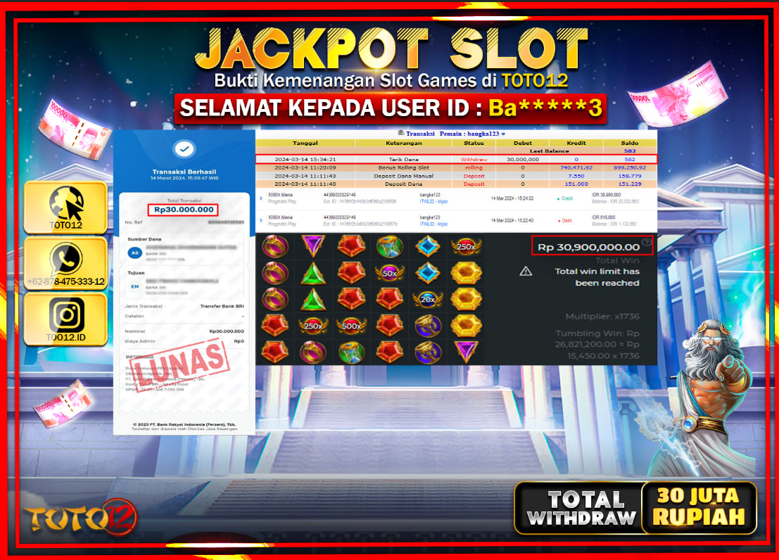 HANYA DI TOTO12 JP PASTI DI BAYAR LUNAS DAN CEPAT!!!!!! JACKPOT SLOT GAME { 5000X MANIA } Rp.30.000.000 !!!!!