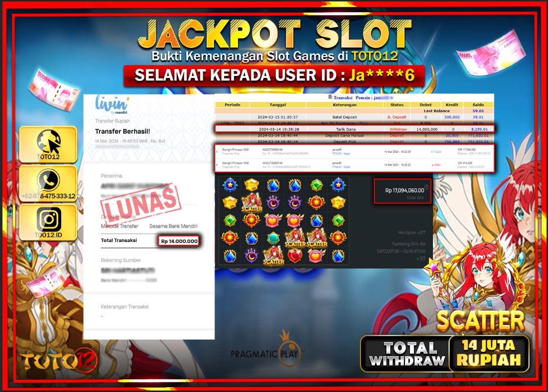 HANYA DI TOTO12 JP PASTI DI BAYAR LUNAS DAN CEPAT!!!!!! JACKPOT SLOT GAME ( GATES OF OLYMPUS 1000 ) Rp.16.670.000 !!!!