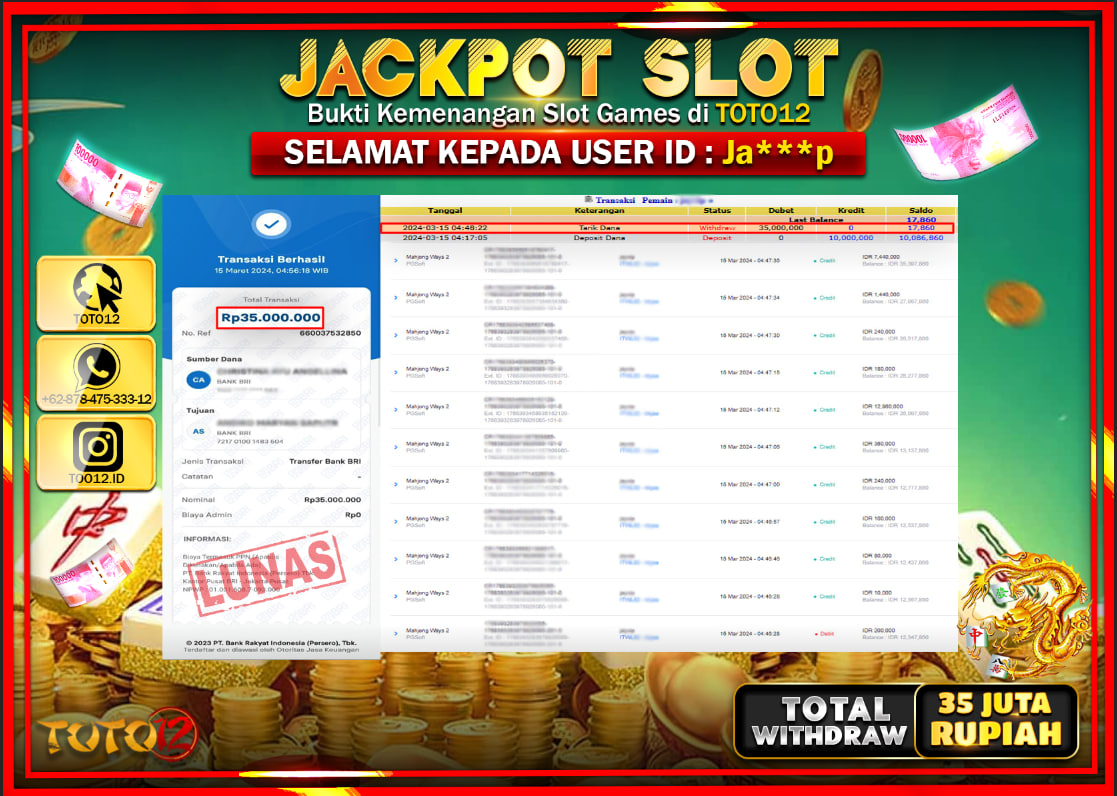 HANYA DI TOTO12 JP PASTI DI BAYAR LUNAS DAN CEPAT!!!!!! JACKPOT SLOT GAME { MAHJONG WAYS 2 } Rp.35.000.000 !!!!!