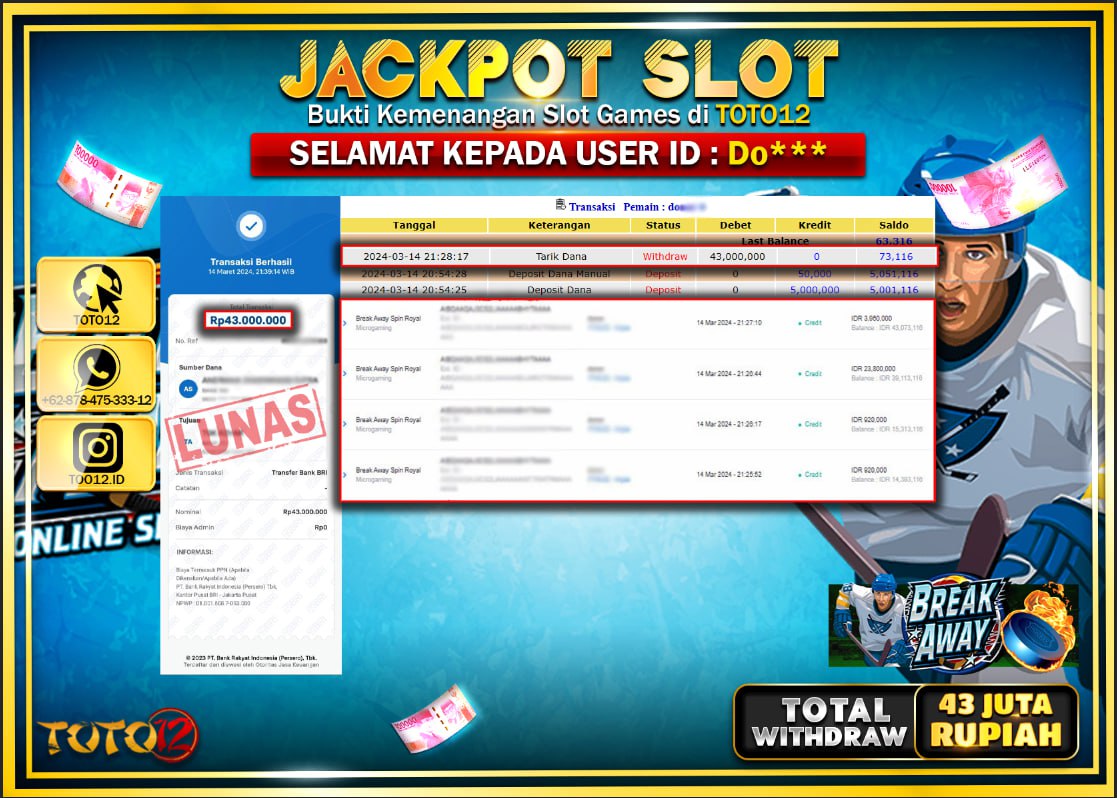 HANYA DI TOTO12 JP PASTI DI BAYAR LUNAS DAN CEPAT!!!!!! JACKPOT SLOT GAME ( BREAK AWAY SPIN ROYAL ) Rp.43.000.000 !!!!!