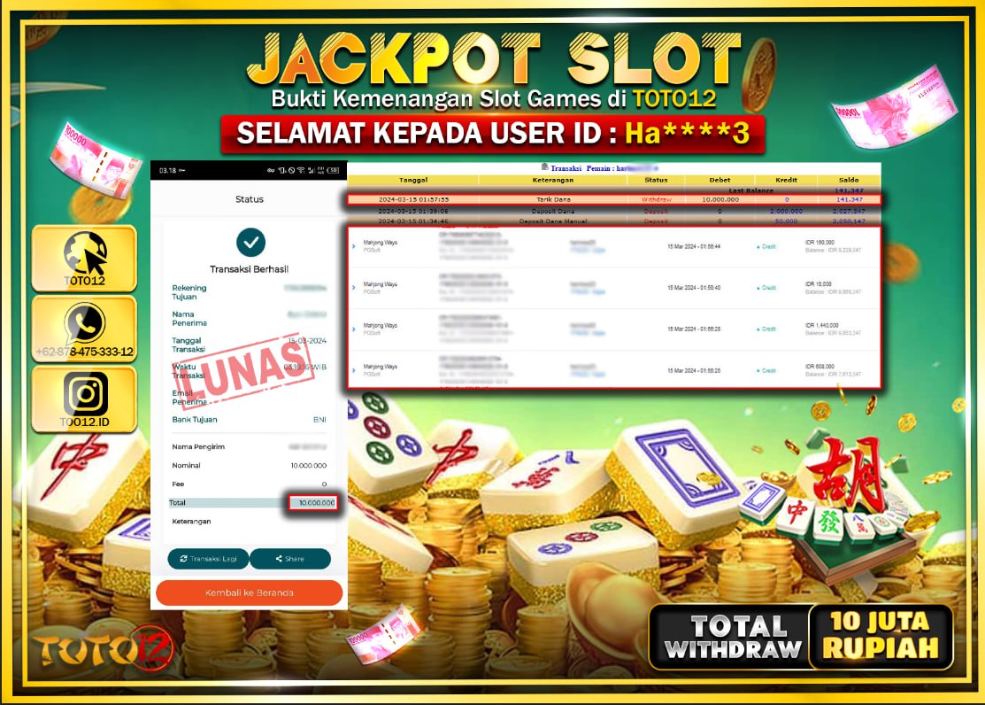 HANYA DI TOTO12 JP PASTI DI BAYAR LUNAS DAN CEPAT!!!!!! JACKPOT SLOT GAME { MAHJONG WAYS } Rp.10.000.000 !!!!!