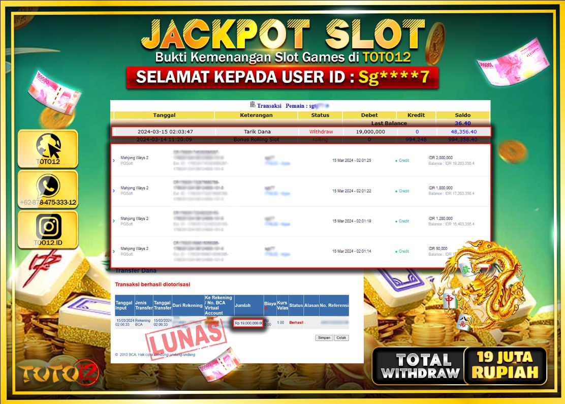 HANYA DI TOTO12 JP PASTI DI BAYAR LUNAS DAN CEPAT!!!!!! JACKPOT SLOT GAME { MAHJONG WAYS 2 } Rp.19.000.000 !!!!!