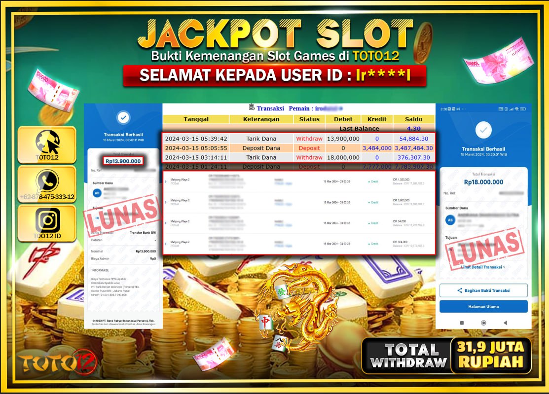 HANYA DI TOTO12 JP PASTI DI BAYAR LUNAS DAN CEPAT!!!!!! JACKPOT SLOT GAME { MAHJONG WAYS 2 } Rp.31.900.000 !!!!!