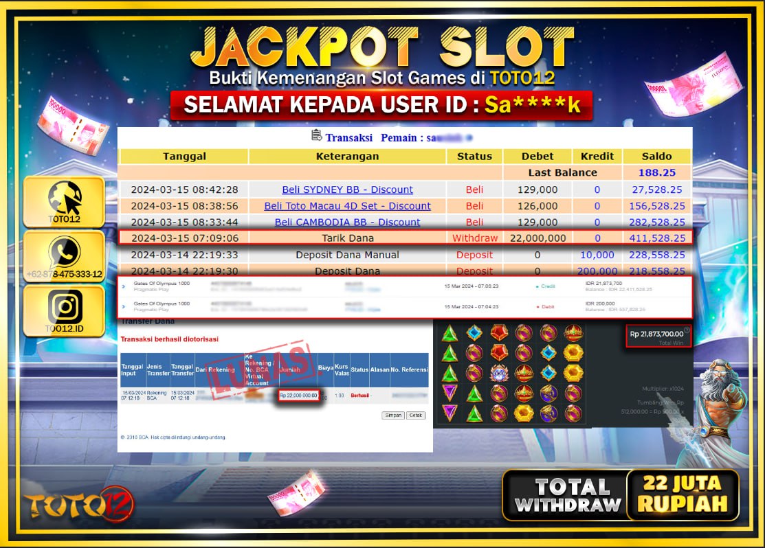 HANYA DI TOTO12 JP PASTI DI BAYAR LUNAS DAN CEPAT!!!!!! JACKPOT SLOT GAME { GATES OF OLYMPUS 1000 } Rp.22.000.000 !!!!!