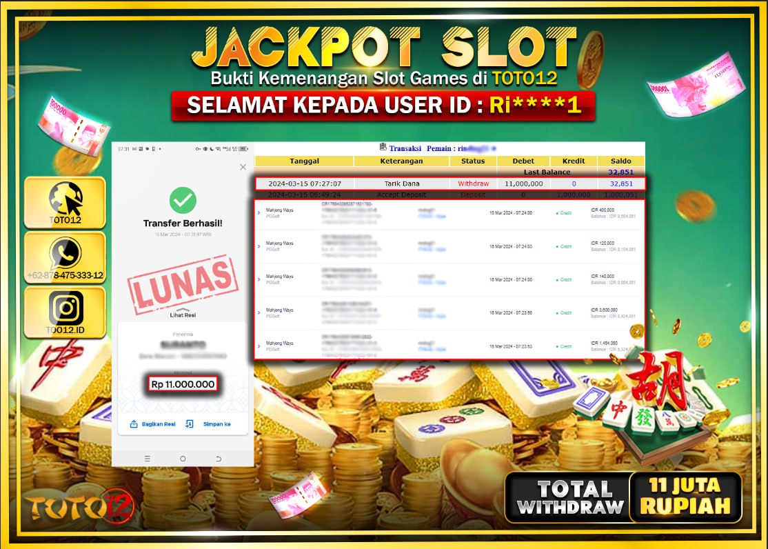 HANYA DI TOTO12 JP PASTI DI BAYAR LUNAS DAN CEPAT!!!!!! JACKPOT SLOT GAME { MAHJONG WAYS } Rp.11.000.000 !!!!!