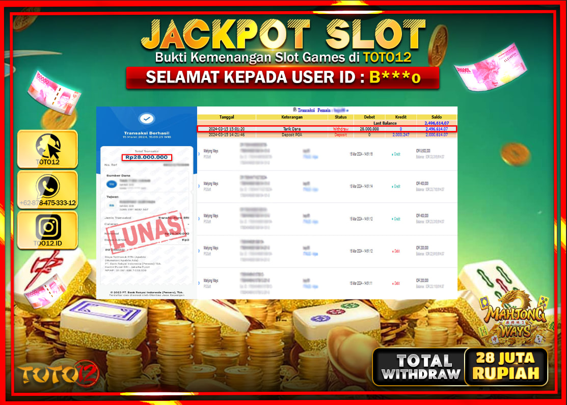 HANYA DI TOTO12 JP PASTI DI BAYAR LUNAS DAN CEPAT!!!!!! JACKPOT SLOT GAME { MAHJONG WAYS } Rp.28.000.000 !!!!!