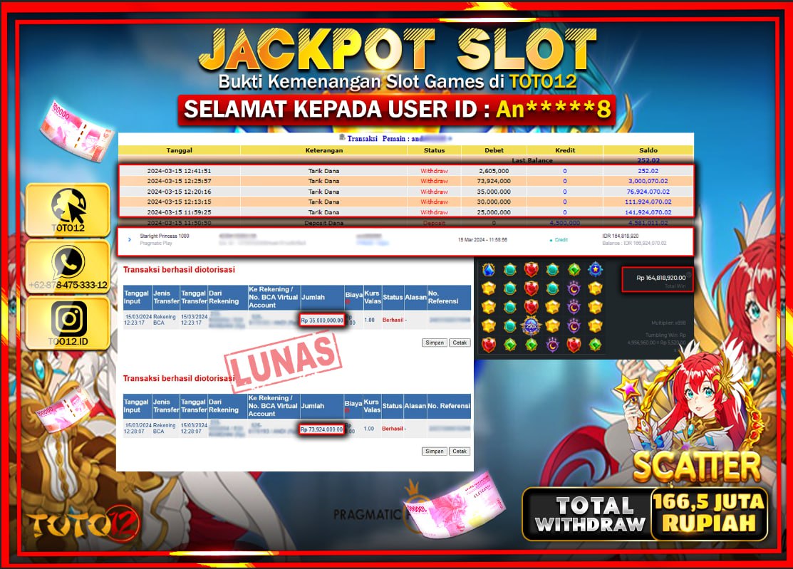 HANYA DI TOTO12 JP PASTI DI BAYAR LUNAS DAN CEPAT!!!!!! JACKPOT SLOT GAME ( STARLIGHT PRINCES 1000 ) Rp.166.500.000 !!!!!