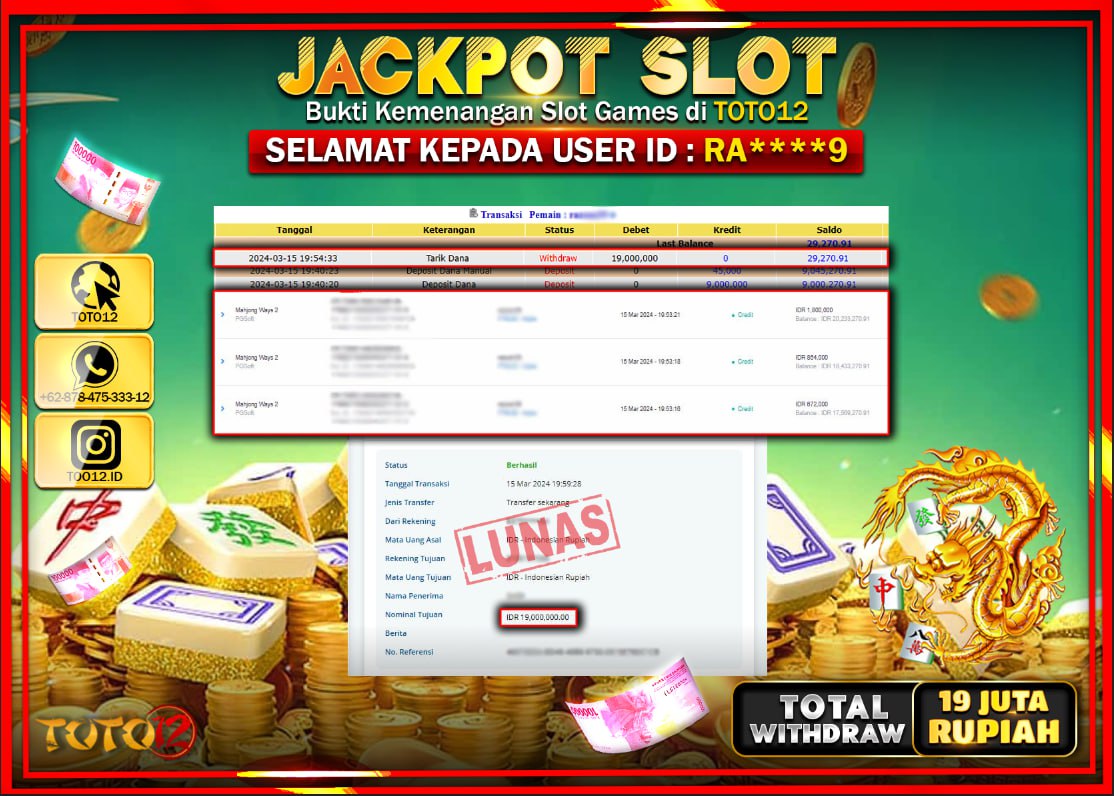 HANYA DI TOTO12 JP PASTI DI BAYAR LUNAS DAN CEPAT!!!!!! JACKPOT SLOT GAME { MAHJONG WAYS 2 } Rp.19.000.000 !!!!!