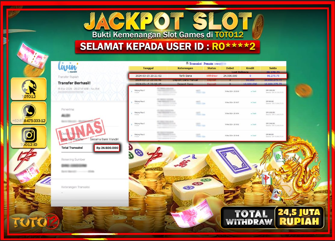 HANYA DI TOTO12 JP PASTI DI BAYAR LUNAS DAN CEPAT!!!!!! JACKPOT SLOT GAME { MAHJONG WAYS 2 } Rp.24.500.000 !!!!!