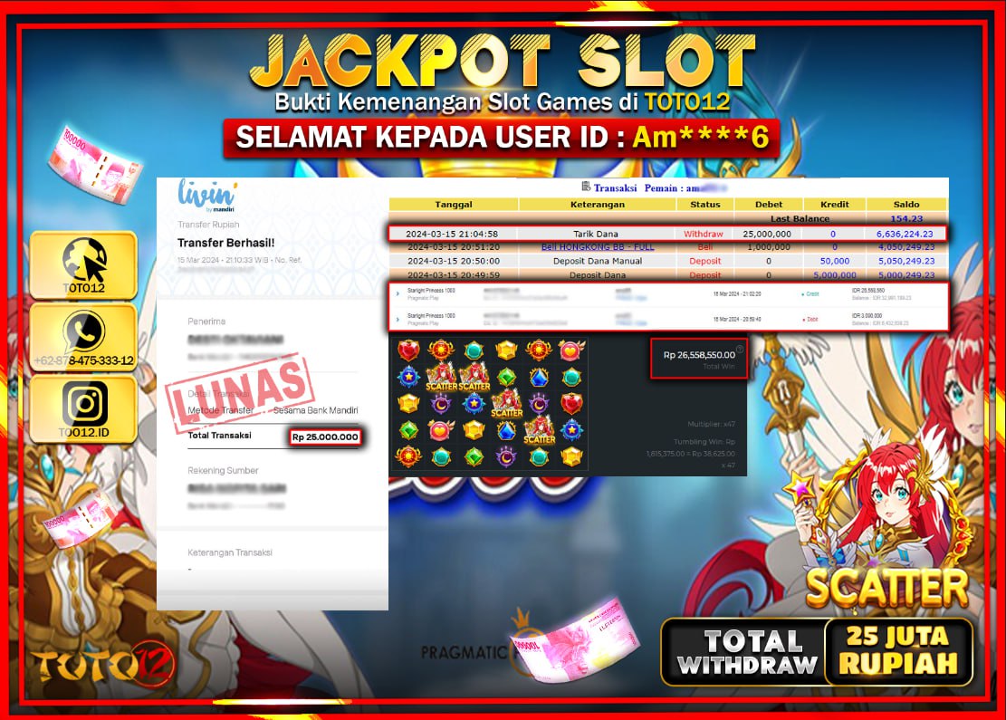 HANYA DI TOTO12 JP PASTI DI BAYAR LUNAS DAN CEPAT!!!!!! JACKPOT SLOT GAME ( STARLIGHT PRINCES 1000 ) Rp.25.000.000 !!!!!