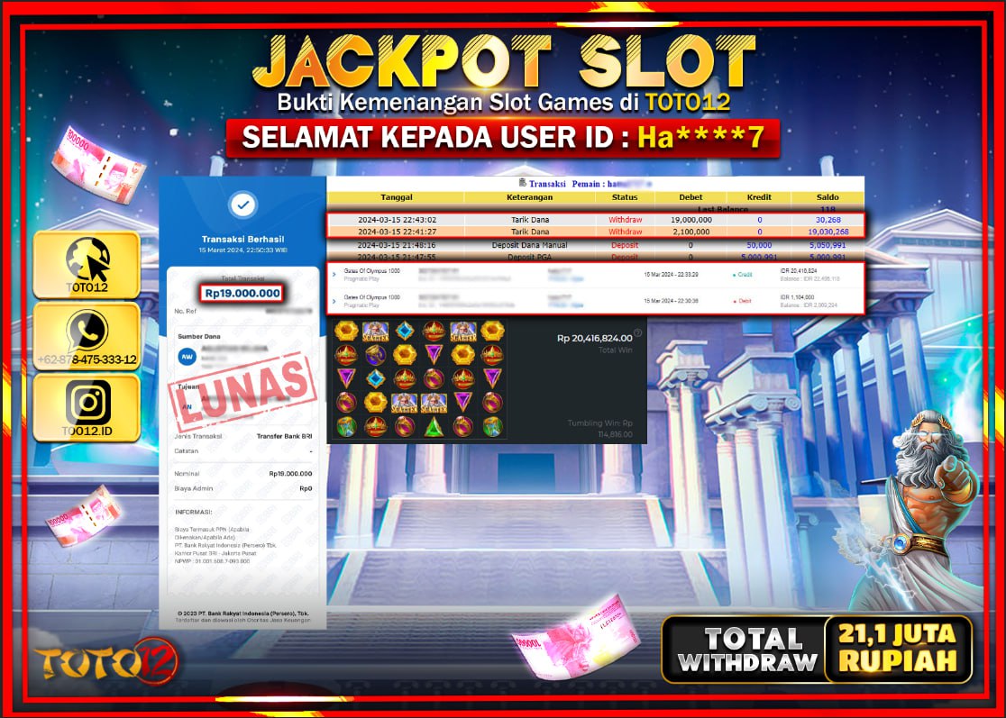 HANYA DI TOTO12 JP PASTI DI BAYAR LUNAS DAN CEPAT!!!!!! JACKPOT SLOT GAME ( GATES OF OLYMPUS 1000 ) Rp.21.100.000 !!!!!
