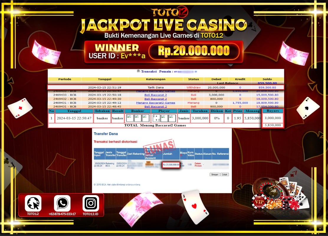 HANYA DI TOTO12 JP PASTI DI BAYAR LUNAS DAN CEPAT!!!!!! JACKPOT LIVE CASINO GAME { BACCARAT } Rp.20.000.000 !!!!!