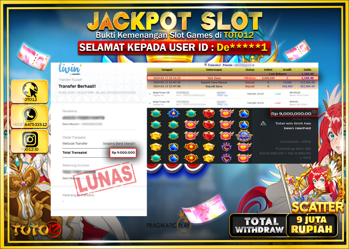 HANYA DI TOTO12 JP PASTI DI BAYAR LUNAS DAN CEPAT!!!!!! JACKPOT SLOT GAME ( STARLIGHT PRINCES 1000 ) Rp.9.000.000 !!!!!