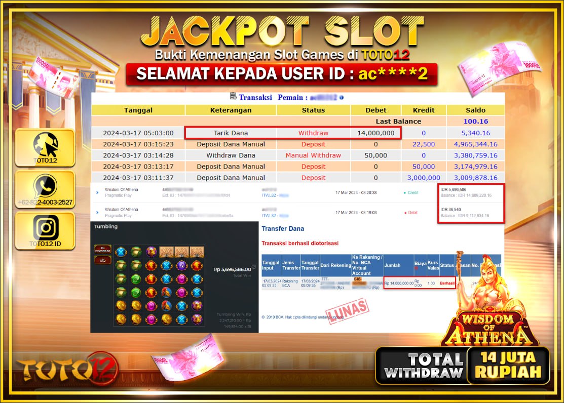 HANYA DI TOTO12 JP PASTI DI BAYAR LUNAS DAN CEPAT!!!!!! JACKPOT SLOT GAME ( WISDOM OF ATHENA ) Rp.14.000.000 !!!!!