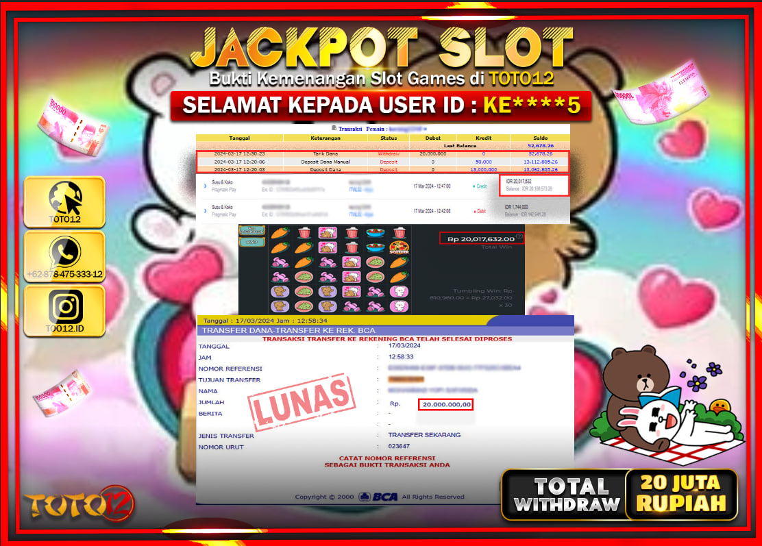HANYA DI TOTO12 JP PASTI DI BAYAR LUNAS DAN CEPAT!!!!!! JACKPOT SLOT GAME ( SUSU & KOKO ) Rp.20.000.000 !!!!!
