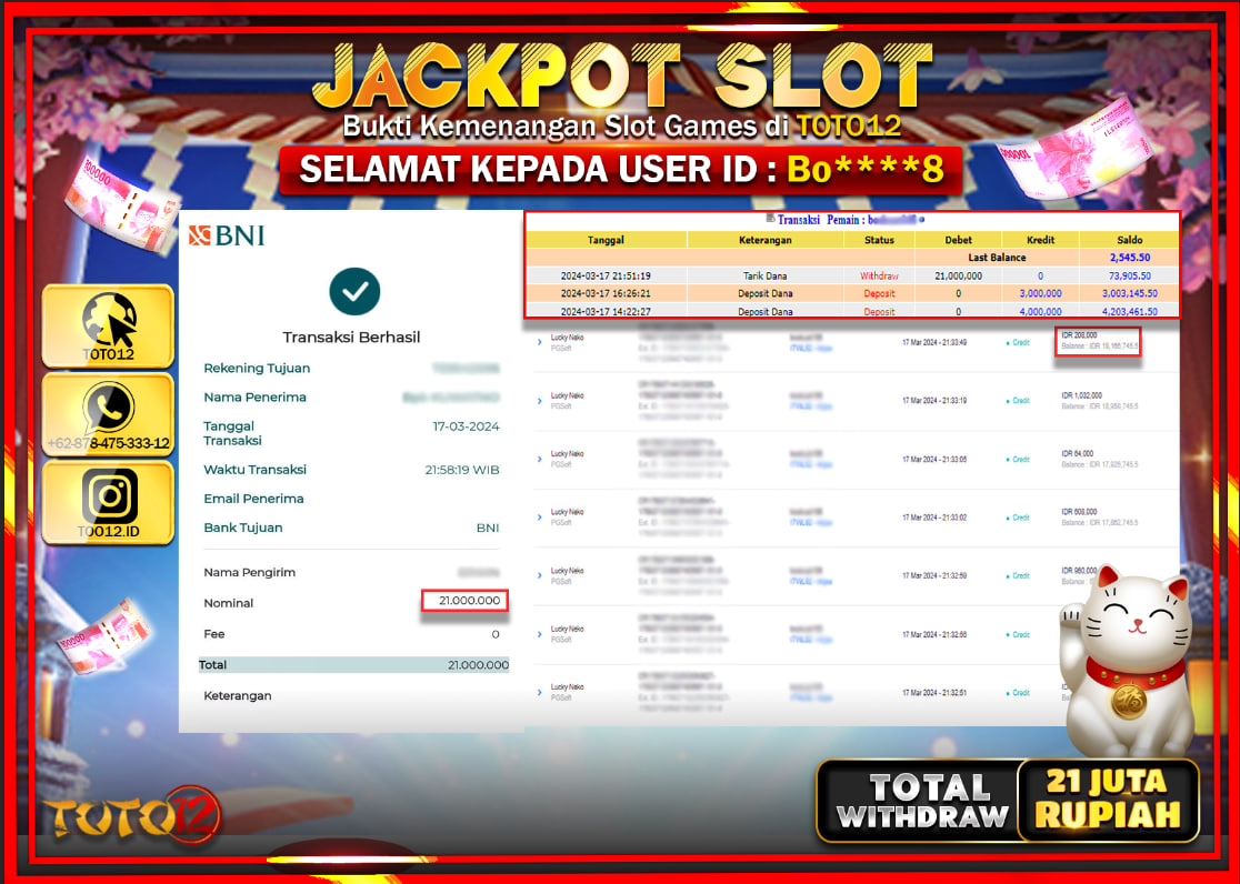 HANYA DI TOTO12 JP PASTI DI BAYAR LUNAS DAN CEPAT!!!!!! JACKPOT SLOT GAME ( LUCKY NEKO ) Rp.21.000.000 !!!!!