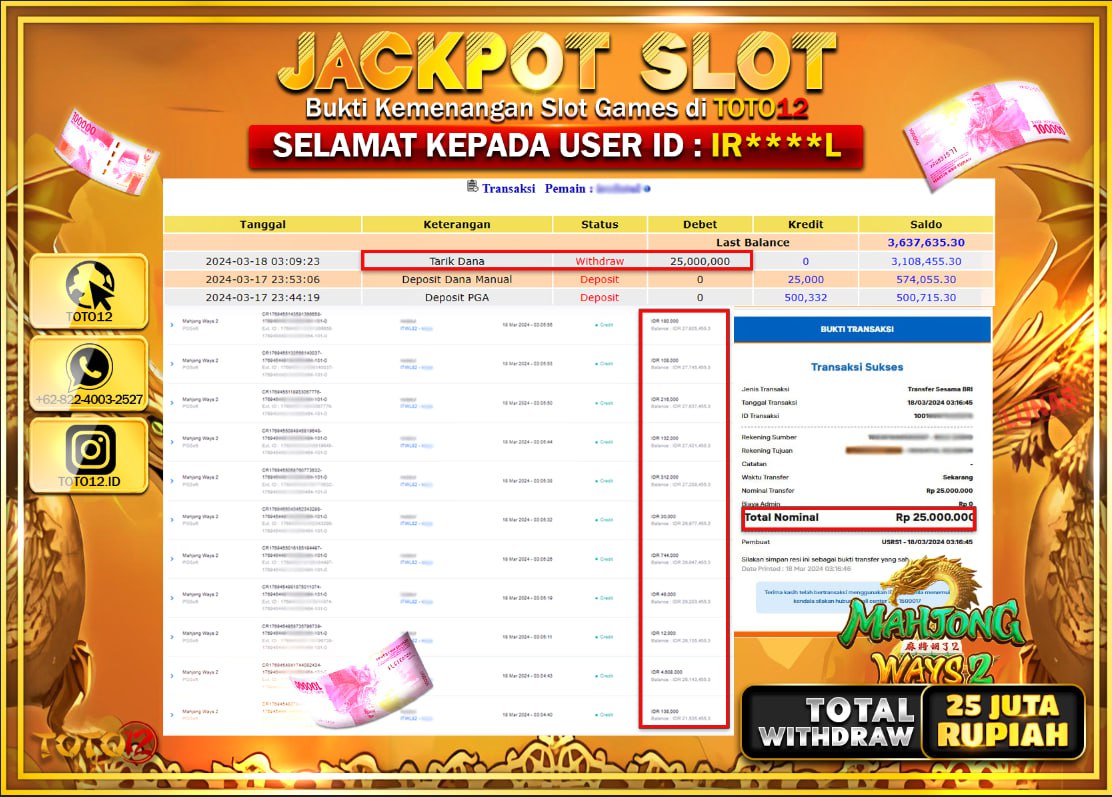 HANYA DI TOTO12 JP PASTI DI BAYAR LUNAS DAN CEPAT!!!!!! JACKPOT SLOT GAME { MAHJONG WAYS 2 } Rp.25.000.000 !!!!!