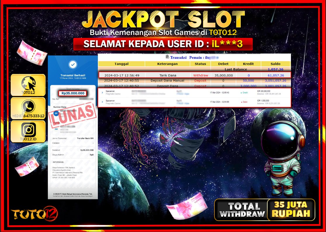 HANYA DI TOTO12 JP PASTI DI BAYAR LUNAS DAN CEPAT!!!!!! JACKPOT SLOT GAME { SPACEMAN } Rp.35.000.000 !!!!!