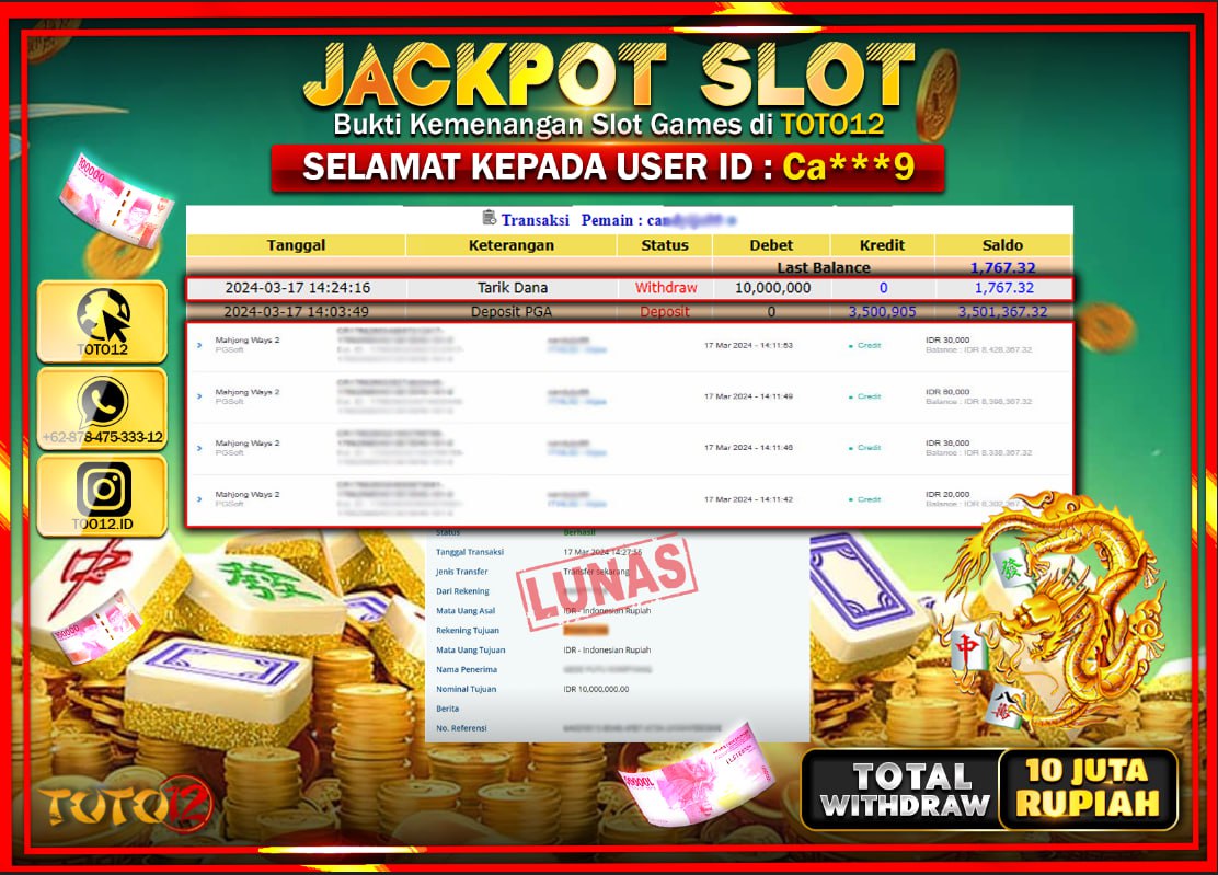HANYA DI TOTO12 JP PASTI DI BAYAR LUNAS DAN CEPAT!!!!!! JACKPOT SLOT GAME { MAHJONG WAYS } Rp.10.000.000 !!!!!