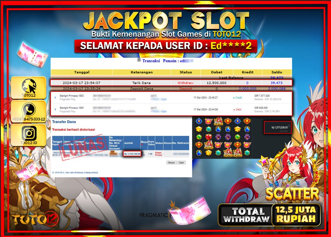 HANYA DI TOTO12 JP PASTI DI BAYAR LUNAS DAN CEPAT!!!!!! JACKPOT SLOT GAME ( STARLIGHT PRINCES 1000 ) Rp.12.500.000 !!!!!
