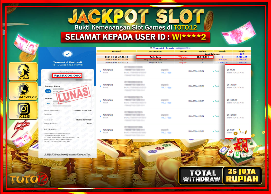 HANYA DI TOTO12 JP PASTI DI BAYAR LUNAS DAN CEPAT!!!!!! JACKPOT SLOT GAME ( MAHJONG WAYS ) Rp.25.000.000 !!!!!