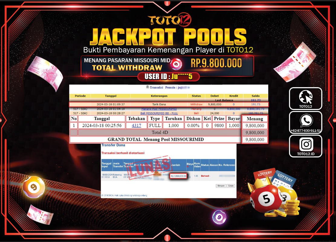 HANYA DI TOTO12 JP PASTI DI BAYAR LUNAS DAN CEPAT!!!!!! JACKPOT POOLS MENANG PASARAN { MISSOURIMID } Rp.9.800.000 !!!!!