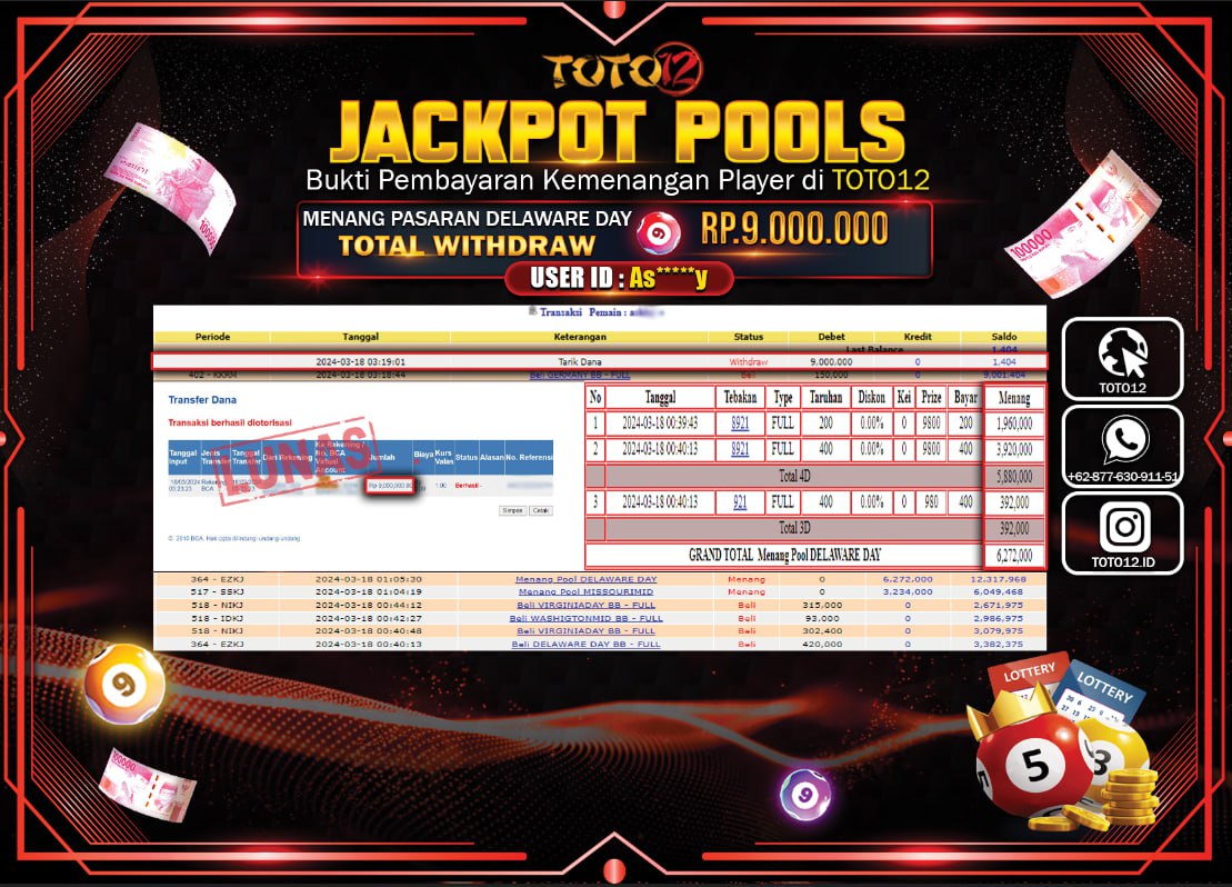 HANYA DI TOTO12 JP PASTI DI BAYAR LUNAS DAN CEPAT!!!!!! JACKPOT POOLS MENANG PASARAN { DELAWARE DAY } Rp.9.000.000 !!!!!