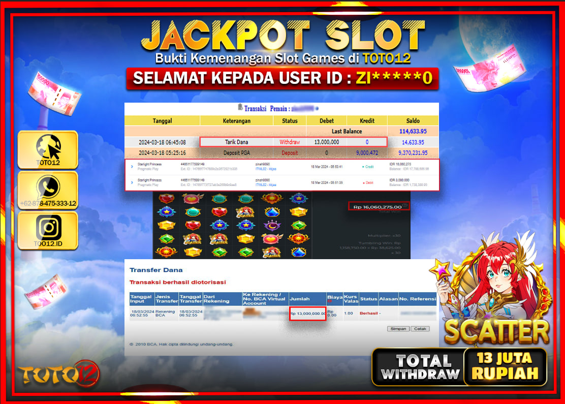 HANYA DI TOTO12 JP PASTI DI BAYAR LUNAS DAN CEPAT!!!!!! JACKPOT SLOT GAME ( STARLIGHT PRINCES ) Rp.13.000.000 !!!!!