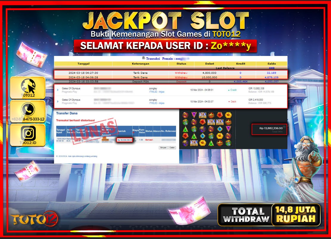 HANYA DI TOTO12 JP PASTI DI BAYAR LUNAS DAN CEPAT!!!!!! JACKPOT SLOT GAME ( GATES OF OLYMPUS ) Rp.14.800.000 !!!!!