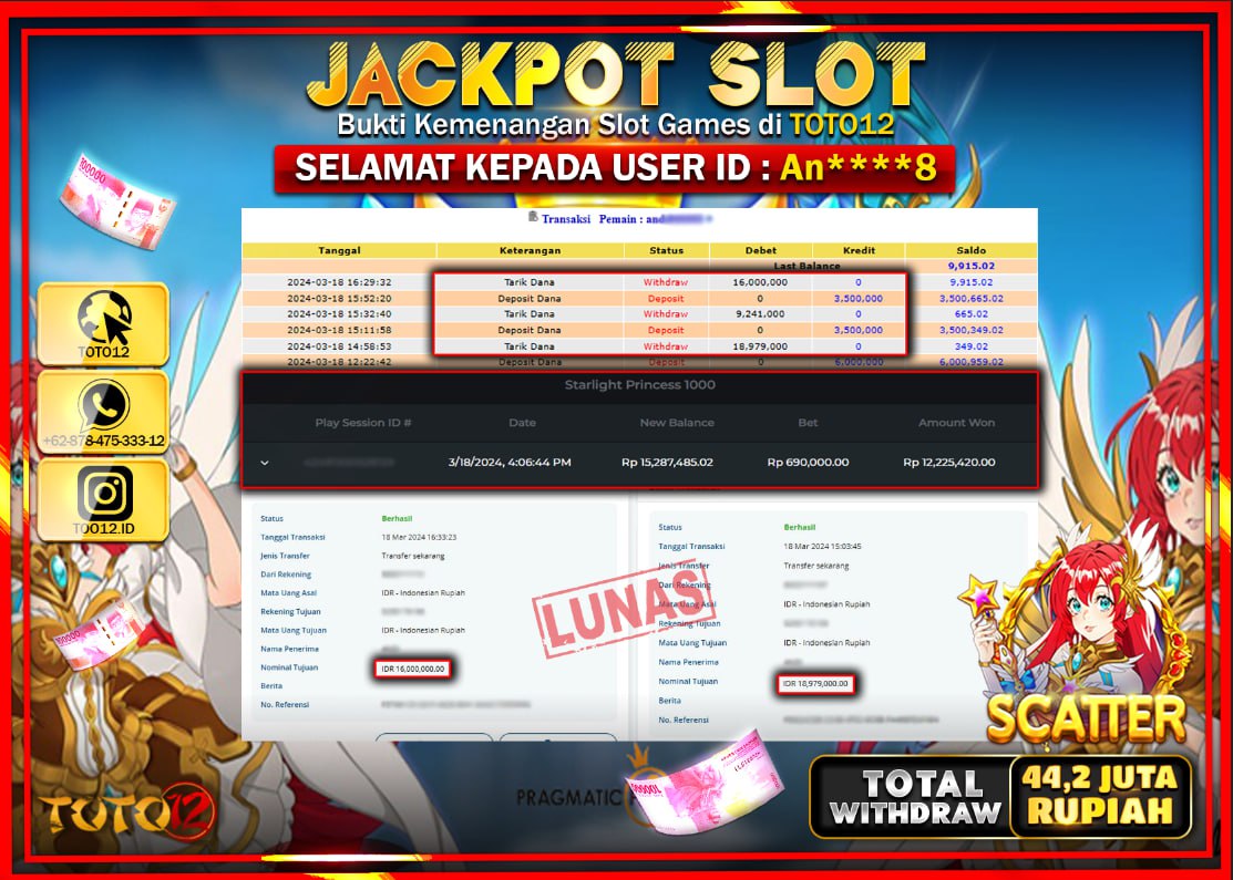 HANYA DI TOTO12 JP PASTI DI BAYAR LUNAS DAN CEPAT!!!!!! JACKPOT SLOT GAME ( STARLIGHT PRINCES 1000 ) Rp.44.200.000 !!!!!