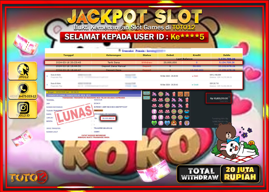 HANYA DI TOTO12 JP PASTI DI BAYAR LUNAS DAN CEPAT!!!!!! JACKPOT SLOT GAME ( SUSU & KOKO ) Rp.20.000.000 !!!!!