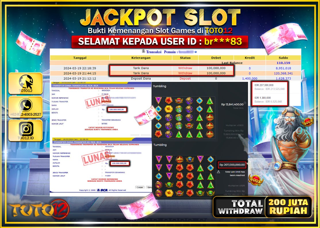 HANYA DI TOTO12 JP PASTI DI BAYAR LUNAS DAN CEPAT!!!!!! JACKPOT SLOT GAME ( GATES OF OLYMPUS 1000 ) Rp.200.000.000 !!!!!