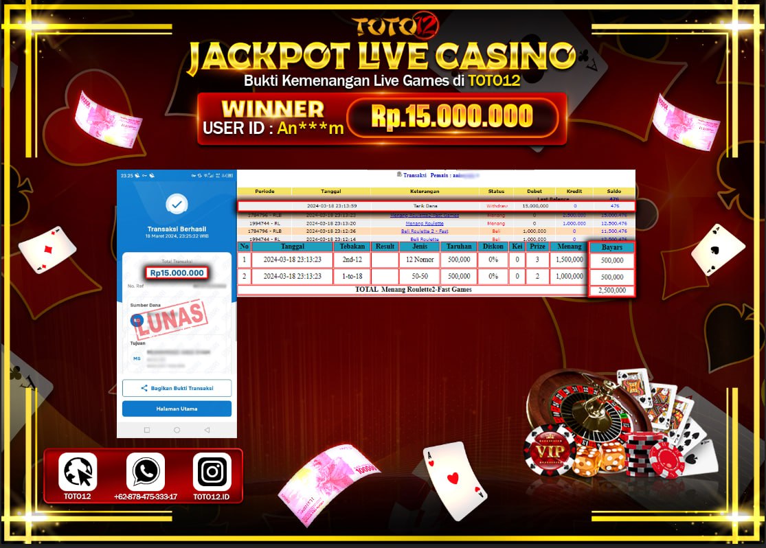 HANYA DI TOTO12 JP PASTI DI BAYAR LUNAS DAN CEPAT!!!!!! JACKPOT LIVE CASINO GAME { ROULETTE} Rp.15.000.000 !!!!!